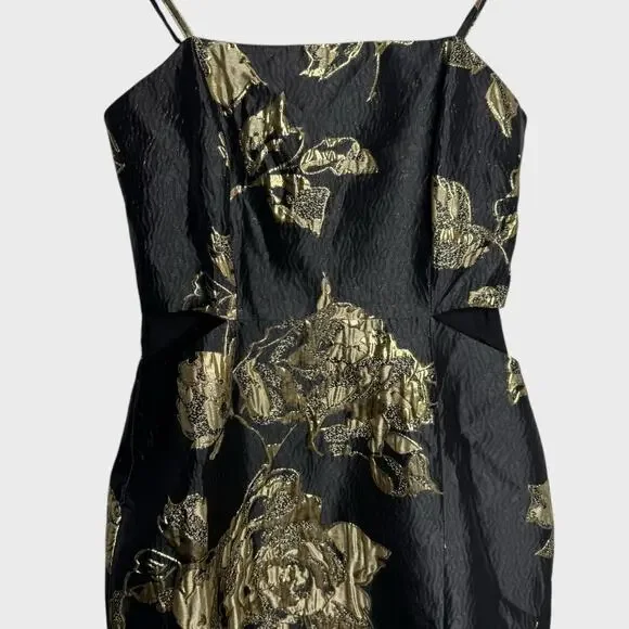 Lulus Charming Beauty XS Black Gold Floral Maxi Dress Wedding Guest V-Neck - Picture 5 of 11